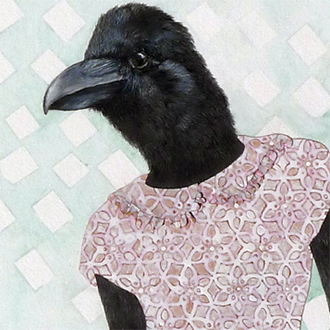 Mixed media drawing of a raven posed as a person